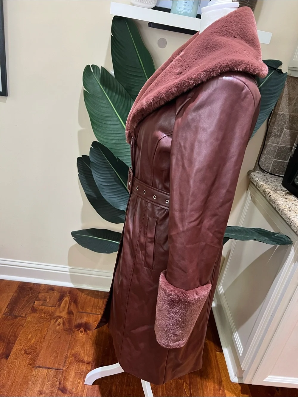 Avec Les Filles Rich Chestnut Faux Leather Jacket with Faux Fur Trim Medium - Picture 6 of 12